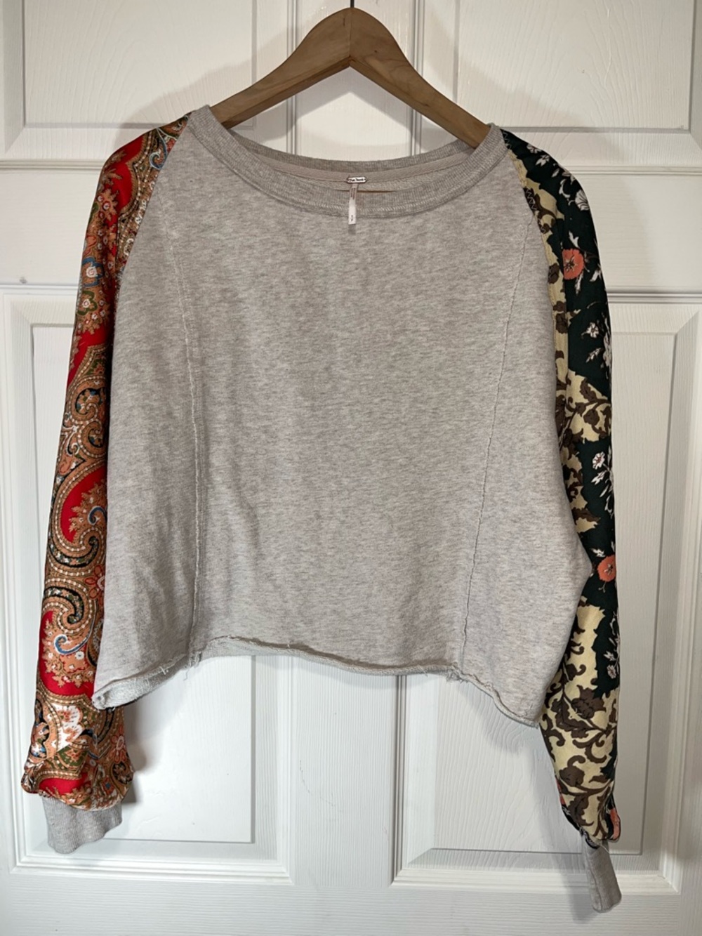 Free People Heather Gray Pullover with Red Paisley & Black Floral Sleeves